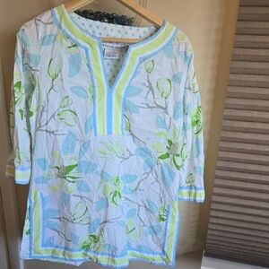 Gretchen Scott Designs white, blue, and green floral cotton tunic blouse.